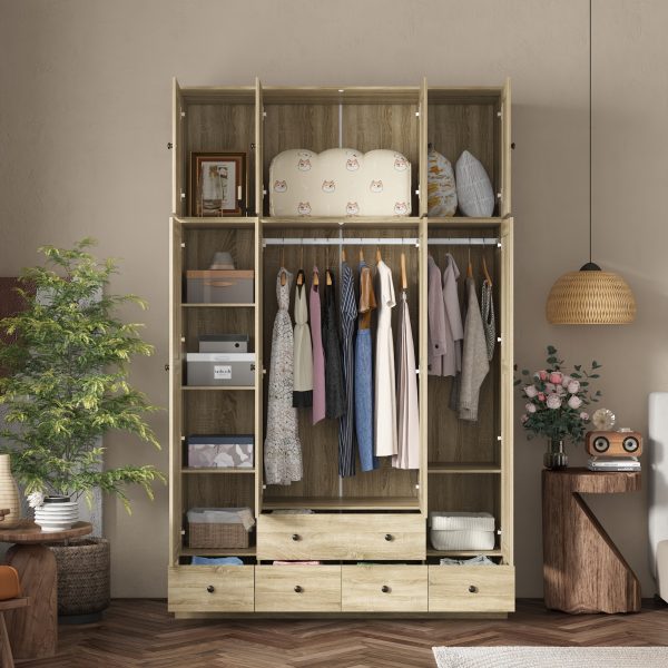 product-fancy-8bfb4928-bde8-4ec7-ad2e-9f13d8d847b6 4-Door Wooden Armoire Wardrobe Closet with 5 Drawers, Checkered Storage Area & Hanging Rods, Clothes Organizer for Bedroom, Modern Design