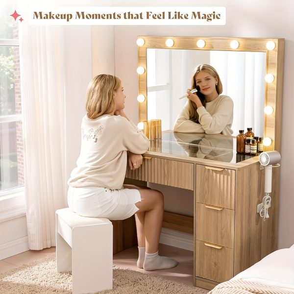 product-fancy-8c1a6e21-c5c1-43ba-b3d6-77cc29635d00 ALBOTT Fluted Vanity Desk With Large Mirror, Adjustable LED Lights, Glass Top, Charging Station And 4 Or 7 Drawers Makeup Table For Women And Girls, Suitable For Home Use