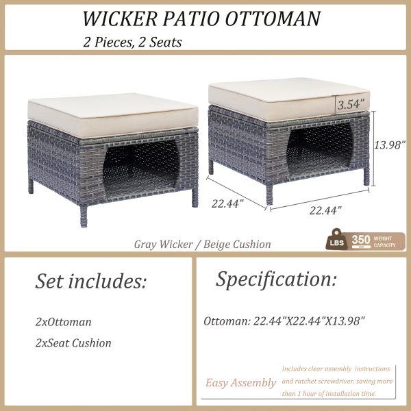 2pcs Royal Craft Outdoor Patio Furniture Set | Hand-Woven Pe Rattan Ottomans With 3.15 Inch Thick Cushions, All-Weather Material, Movable Cushions, Multifunctional Use, Gray Wicker With Beige/Denim Blue Cushions