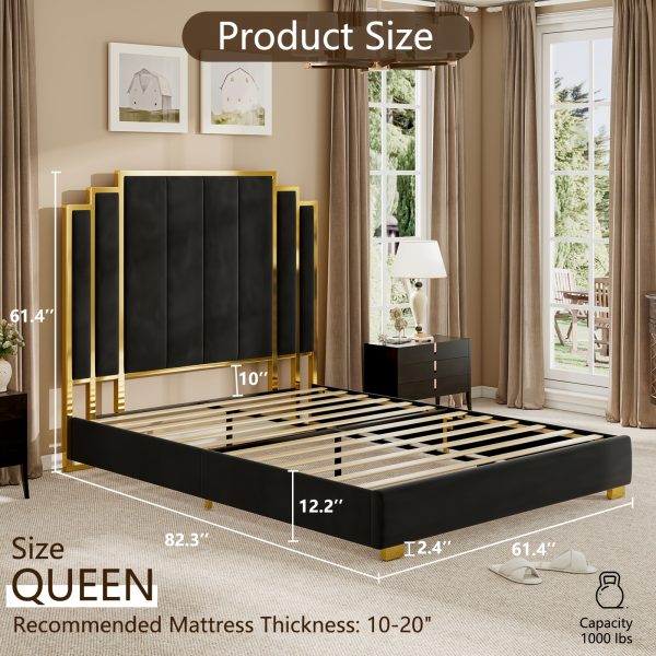 product-fancy-8cb05df7-ab35-4680-bbaa-85a6fac3da1e LUXOAK Modern Upholstered Bed Frame with 65" Headboard, Golden Plating Trim, Platform Design - No Box Spring Needed