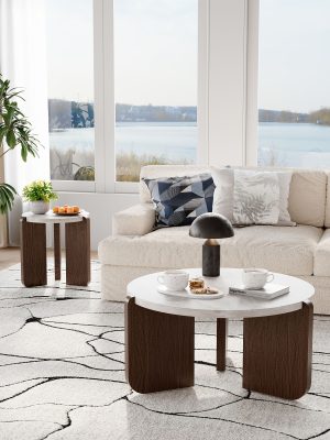 Brown Marble Look Side Table, Faux Marble MDF End Table for Living Room, Bedroom - Modern Accent Table with Lower Shelf for Couch, Sofa, Small Apartment