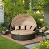 [Round Daybed With Canopy] Outdoor Patio Round Daybed With Retractable Canopy, Clamshell Sectional Seating Wicker Furniture With Washable Cushions For Backyard, Lawn, Poolside, Garden, And Outdoor Living Spaces, Brown