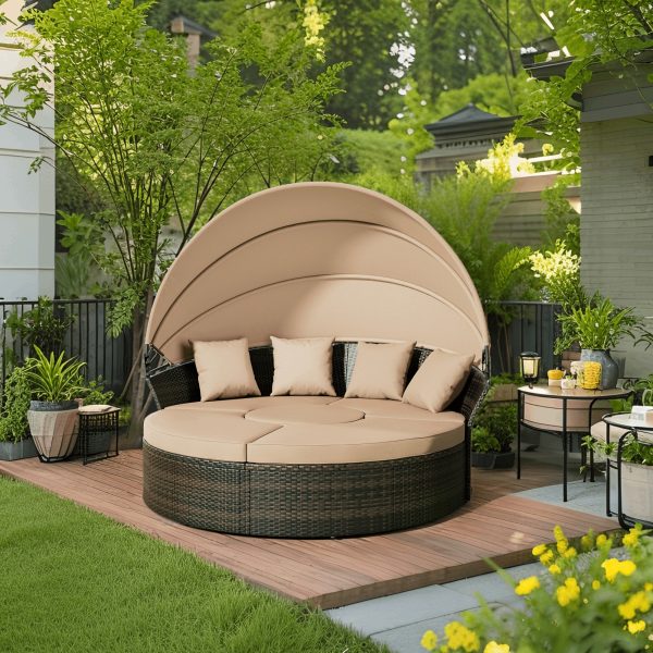 [Round Daybed With Canopy] Outdoor Patio Round Daybed With Retractable Canopy, Clamshell Sectional Seating Wicker Furniture With Washable Cushions For Backyard, Lawn, Poolside, Garden, And Outdoor Living Spaces, Brown