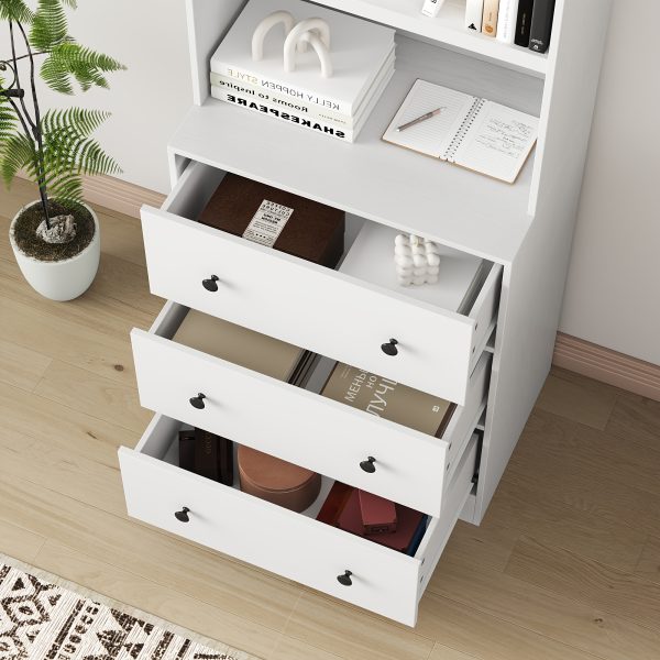 Wood Bookshelf with 3 Drawers - 6 Tier Freestanding Tall Storage Cabinet, Modern Floor Cabinet for Bedroom, Curio Cabinets with Storage for Living Room, Home Office