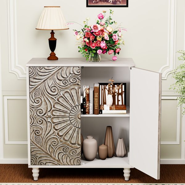 Vintage Carved Door Accent Cabinet with Adjustable Shelves & Suitable for Small Spaces - Compact Grey Storage Sideboard Buffet, -Standing Engineered Wood Furniture for Living Room, Dining Room, Entryway, Assembly
