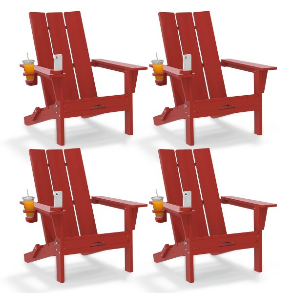 [Durable Outdoor Patio] Leasable 4pcs Folding Adirondack Chair Durable Oversized Ergonomic Plastic Outdoor Patio Furniture With Built-In Phone Holder And Cup Holder, Weather Resistant Fire Pit Chair For Patio Backyard, Deck