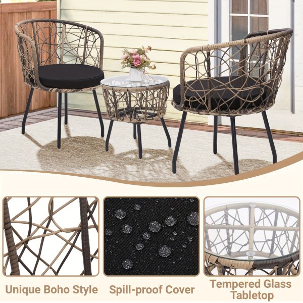 3pcs Bistro Set, Modern Furniture with Tempered Glass Table Top, 2 Chairs, Outdoor Wicker Patio Set, Washable Cushions,