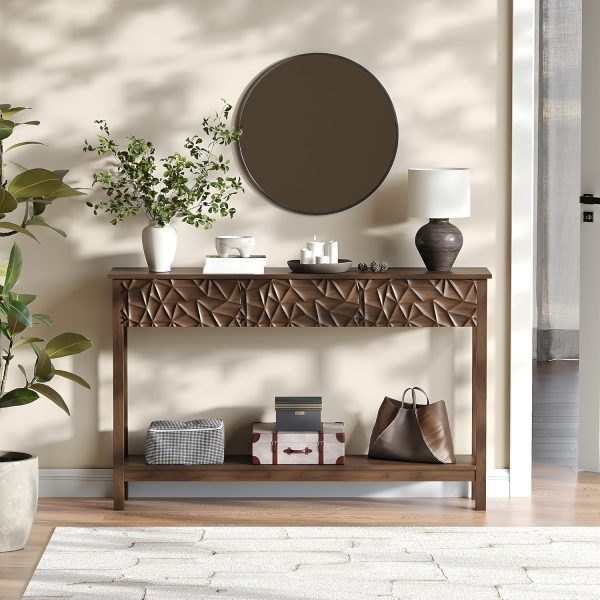 product-fancy-8d836f0d-c26b-4be6-acf3-c6e0510c0f60 Kinder King 51 Inch Modern Console Table Farmhouse Entryway Table with 3 Drawers Narrow Wood Entry Way Table with Open Storage Shelf Long Sofa Table Behind Couch for Hallway, Foyer, Living Room, Walnut