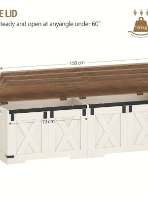 59" Storage Bench with Two Safety Hinges, Oversized Farmhouse Wooden Storage Box, Flip-Top Storage Ottoman, Entryway Bench for Bedroom and Living Room, White and Brown/White/Black