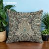 product-fancy-8dac28c7-7227-4d96-94f9-691c61be0b6e 2D Flat, Terrace Cushion Cover, 1pc 18X18 Inches Square Pillow Cover, A Dark Gray Background Features an Intricate, Symmetrical Pattern with Teal, Cream, And Golden Floral Motifs, Including Large Central Blooms, Leaves, And Scrollwork