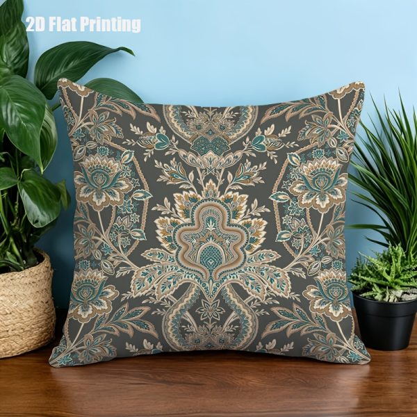 product-fancy-8dac28c7-7227-4d96-94f9-691c61be0b6e 2D Flat, Terrace Cushion Cover, 1pc 18X18 Inches Square Pillow Cover, A Dark Gray Background Features an Intricate, Symmetrical Pattern with Teal, Cream, And Golden Floral Motifs, Including Large Central Blooms, Leaves, And Scrollwork