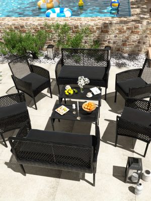 8pcs Patio Furniture Set, Outdoor Rattan Chairs Rattan Conversation Sets with Cushions And Coffee Table for Porch Garden Poolside Backyard, Black- Patio Furniture Outdoor