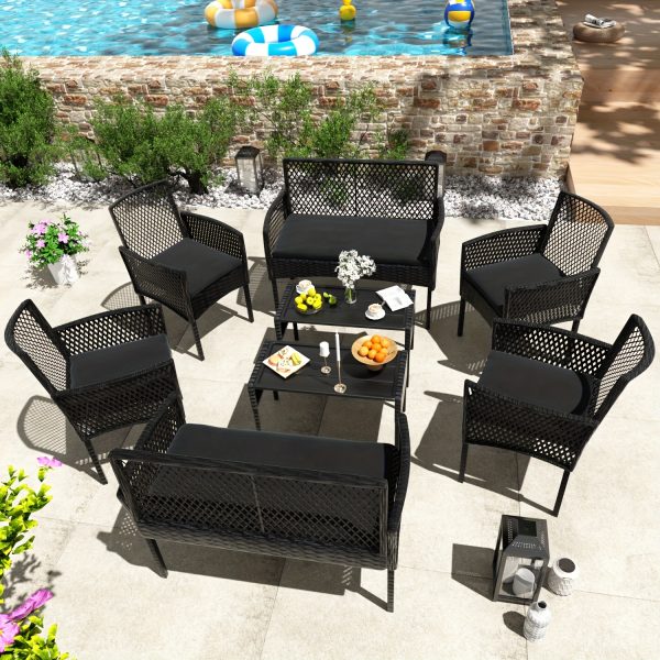 8pcs Patio Furniture Set, Outdoor Rattan Chairs Rattan Conversation Sets with Cushions And Coffee Table for Porch Garden Poolside Backyard, Black- Patio Furniture Outdoor