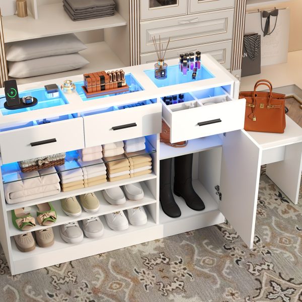 product-fancy-8e990952-52a7-440b-9446-0837c379308d Wardrobe Armoire Closet with Charging & LED Light, Walk-in Closet Island Dresser with Glass Showcase, 4 Drawers & Doors, Modern Cabinet Organizer with Bench, Wardrobe Clothes Organizer with Closet Shelves (White)