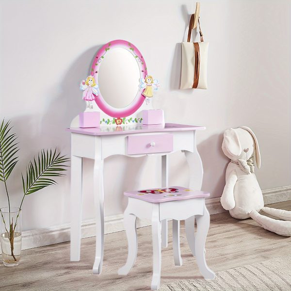 product-fancy-8ecce8ce-48c6-43bf-ba1d-64594978f7af Kids Vanity Set - Princess Deluxe Vanity Table Set 2-in-1 Wooden Writing Desk & Stool, Mirror & Drawer, Perfect for Kids' Pretend Play, Developing Creativity And Fine Motor Skills, Durable Construction, Easy to Assemble, Best for Girls Christmas Gift