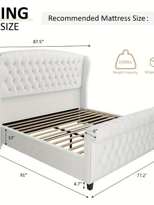 Chenille Upholstered Platform Bed Frame with Scroll Wingback Headboard And Footboard, Button Tufted Design, No Box Spring Required