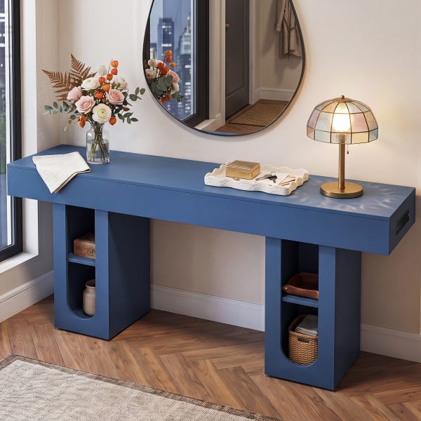 OMCHOM 70.9" Long Console Table with Storage Shelves, Modern Oval Entryway Table, Thick Heavy Duty Narrow Sofa Table with Storage, Accent Table for Behind Couch Living Room Hallway Foyer, Natural Wood