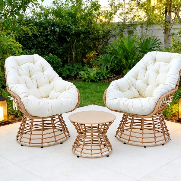 3pcs Outdoor Patio Furniture Set with 360° Swivel Chairs & Coffee Table - Wicker Conversation Set Suitable for Porch, Backyard,, Deck - Cushioned Seating, Wicker Chairs and Table for Poolside, Balcony, or Terrace