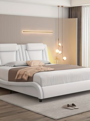 Upholstered Bed Frame Available in Full, Queen, And King Sizes Featuring an Adjustable Headboard, a Wavy Design, a Removable Backrest, And Solid Wooden Slats for Support, Eliminating The Need for a Box Spring, Offered in Faux Leather in White