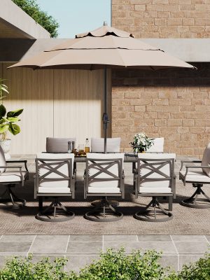 9pcs Outdoor Dining Arrangement - Patio Set for 8 People. Comes with 1 Rectangular Table And 8 Swivel Chairs with Cushions, Suitable for Lawn And Garden
