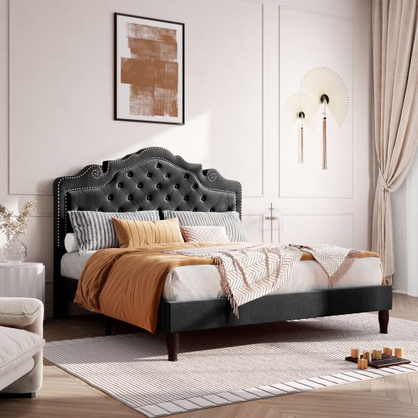 product-fancy-8f4fbde1-cfdc-47c7-8357-cc5d62752f07 HOOMIC Full/Queen/King Size Bed Frame with Adjustable Velvet Tiara Headboard, Upholstered Diamond Button Tufted Platform Bed, Wooden Slats Support, No Box Spring Needed, Easy Assembly, Black