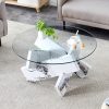 product-fancy-8f5dc42e-85e0-40f1-b908-a2e59a11f238 Modern Round Glass Coffee Table 33.4", Clear Tempered Glass Top with White Patterned MDF Legs, Stable Load Bearing 130 Lbs, Unique Contemporary Center Table for Living Room, Dining Room, Apartment, Easy Assembly In 10-15 Minutes.