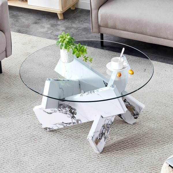 product-fancy-8f5dc42e-85e0-40f1-b908-a2e59a11f238 Modern Round Glass Coffee Table 33.4", Clear Tempered Glass Top with White Patterned MDF Legs, Stable Load Bearing 130 Lbs, Unique Contemporary Center Table for Living Room, Dining Room, Apartment, Easy Assembly In 10-15 Minutes.