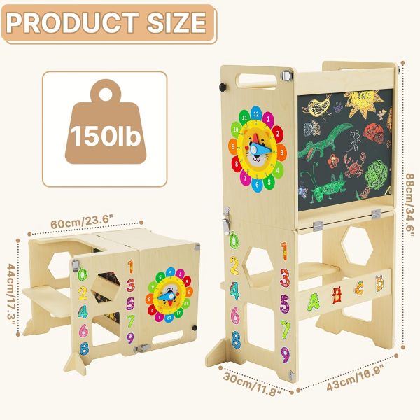 4-in-1 Toddler Standing Tower with Learning Clock & Blackboard - Foldable Multi-Functional Step Stool, Wood Climbing Ladder & for & (Toddler Learning, Motor Skills Development)