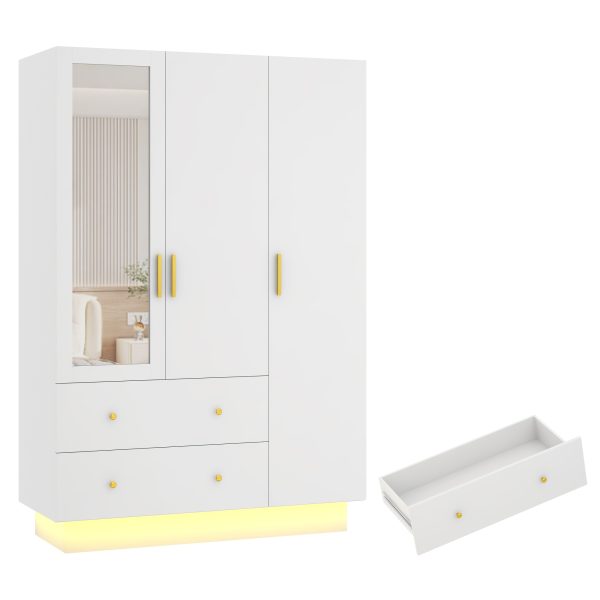 product-fancy-903b1308-0dec-4d16-9506-d31d2e4d2b02 3 Doors Armoire Wardrobe Closet with Mirror, LED Armoire with Doors And Drawers, Wooden Armoire Storage Cabinet with Hanging Rod, Adjustable Shelves