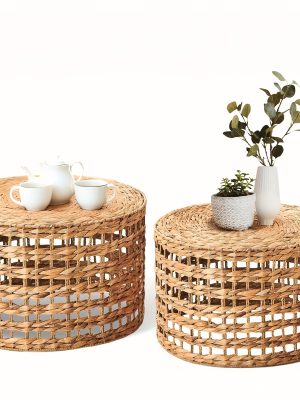 Handwoven Outdoor Side Tables, Set of 2 Natural Water Hyacinth Outside End Tables, Round Coffee Table for Patio, Garden, Backyard, Indoor Outdoor Plant Or End Table