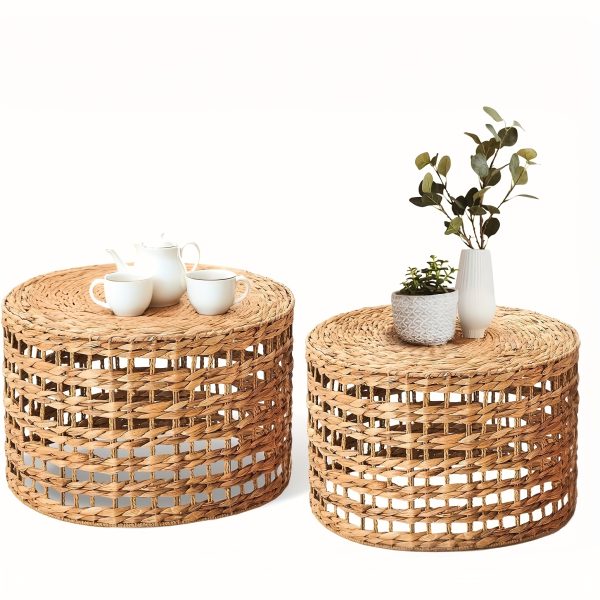 product-fancy-9041102a-bb61-4fef-a8e9-9aae203a3fdb Handwoven Outdoor Side Tables, Set of 2 Natural Water Hyacinth Outside End Tables, Round Coffee Table for Patio, Garden, Backyard, Indoor Outdoor Plant Or End Table