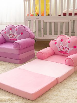Kids Sofa Princess Crown Pink - 2-in-1 Flip Open Kids Couch & Lounger | Machine Washable Plush Cover & Certified Safe Foam | Dreamy Reading Nook Chair For Girls