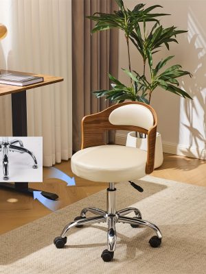 Bonnlo Adjustable Height Home Office Chair - Armless Swivel Desk Chair with Manual Height Adjustment, Curved Walnut-like Backrest, White & 5-Star Base-Like Stability (No Wheels) for Small Spaces, Study, Computer Desk - Space