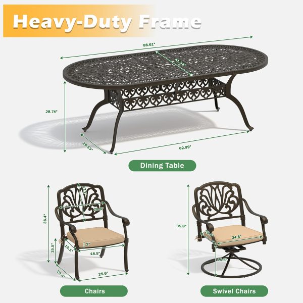product-fancy-90c00cb2-c55a-4a8e-9368-f8073770f150 9pcs Cast Aluminum Patio Furniture, Outdoor Dining Sets for 8 Include 87" Oval Patio Dining Table And 8 Chairs with Cushions & Umbrella Hole (Bronze)