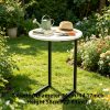 [Outdoor Round Side Table] Outdoor Round Side Table With Double-Layer Storage Shelf, MarbleTexture Imitation Stone Courtyard End Table, Sturdy Black Metal Frame, Weather-Resistant Side Table Is Suitable For Balcony Coffee Corner, Small Space Courtyard/Terrace/Balcony Furnitur