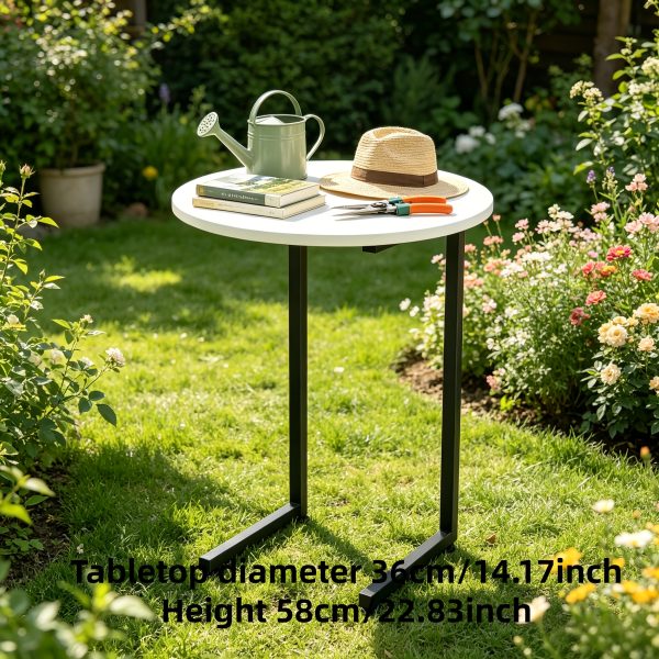 [Outdoor Round Side Table] Outdoor Round Side Table With Double-Layer Storage Shelf, MarbleTexture Imitation Stone Courtyard End Table, Sturdy Black Metal Frame, Weather-Resistant Side Table Is Suitable For Balcony Coffee Corner, Small Space Courtyard/Terrace/Balcony Furnitur