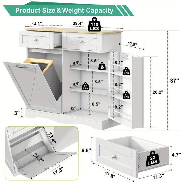 Wood Kitchen Pantry Island with Tilt-Out Trash Cabinet & Laundry Hamper - Adjustable Shelf Suitable for for, Suitable for Small Spaces, Hidden with Drawers, Tilt-Out Basket System, Space-Saving
