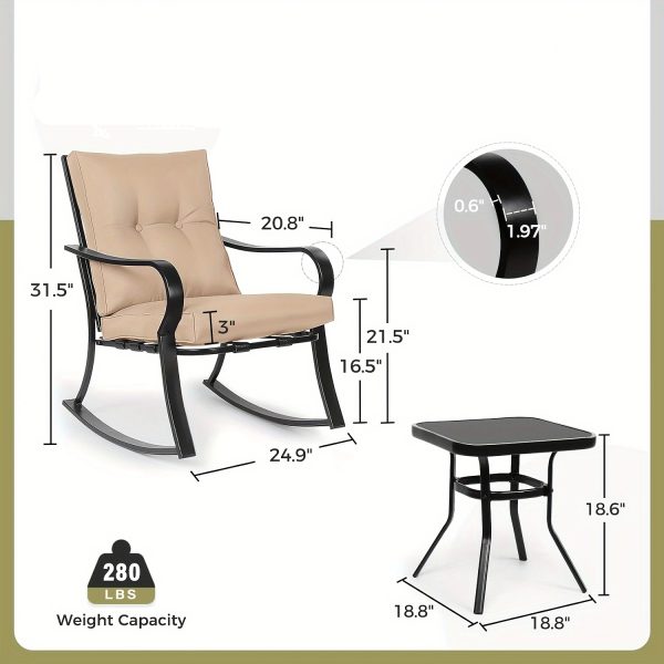 [Outdoor Rocking Chairs] 3pcs Outdoor Rocking Chairs Bistro Set, Black Iron Patio Furniture With Red Thickened Cushion & Glass-Top Coffee Table