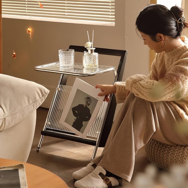 product-fancy-9158793f-3245-4357-bc91-930b30b40052 Black Z-Shaped End Table Featuring a Glass Top And Magazine Holder, Perfect As a Retro Accent Table Or a Small Coffee Table with Storage for Your Living Room Or Bedroom