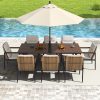 Patio Dining Set Outdoor, Wicker Chairs with Aluminum Frame and Olefin Cushions, Large Wooden Dining Table with Umbrella Hole, Patio Table and Chairs for Yard Garden Porch