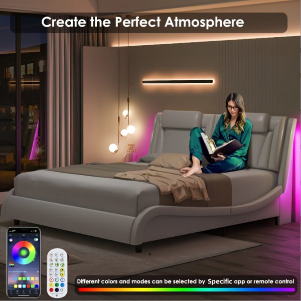 product-fancy-91d3ca28-6b88-4f93-8584-0eb4b0584c37 Upholstered Bed Frame Available in Full, Queen, And King Sizes Featuring an Adjustable Headboard, a Wavy Design, a Removable Backrest, And Solid Wooden Slats for Support, Eliminating The Need for a Box Spring, Offered in Faux Leather in White