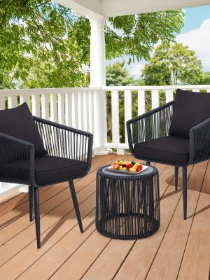 [Outdoor | Rattan] 3pcs Outdoor All-Weather Wicker Patio Rattan Bistro Conversation Set | Chairs And Side Table Set | Ideal For Balcony, Porch And Backyard
