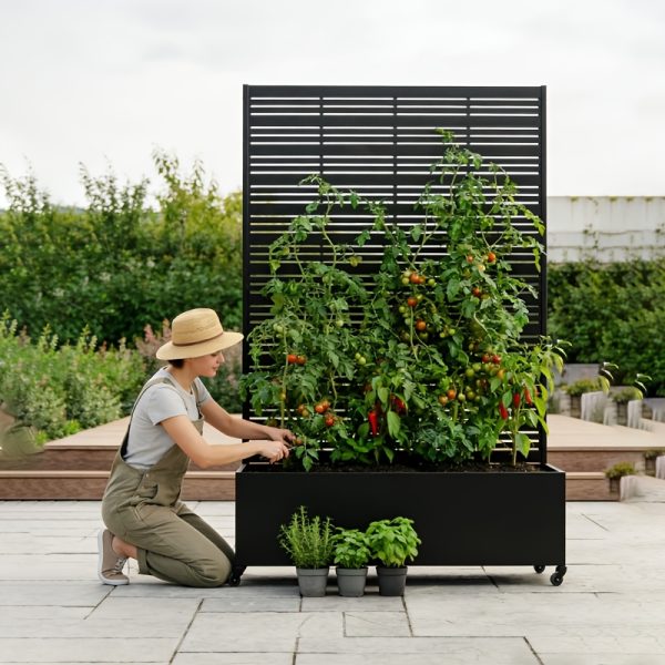 product-fancy-92a252fa-6793-487f-abb1-41e905f8f80e Privacy Fence with Planting Boxes Encrypted Metal Mesh Privacy Screen Black/Wood Grain Weather-Resistant Outdoor Fence Panels Ideal for Backyard Patios, Gardens, And Balconies Safety Barrier Protective Cover Create Outdoor Living Spaces And Decor