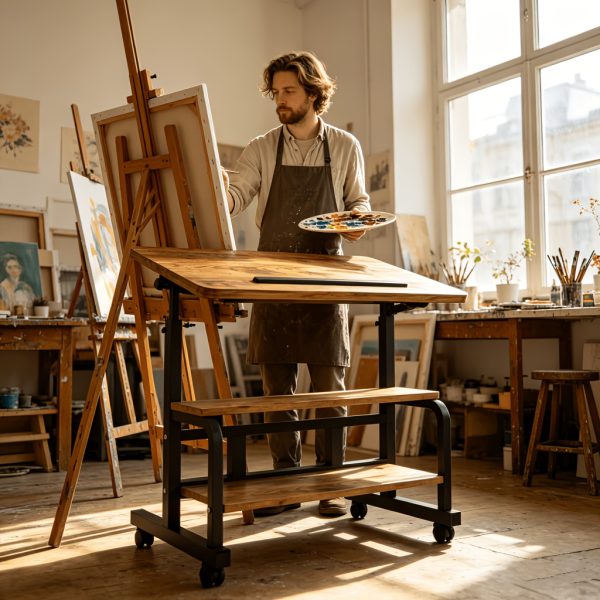 product-fancy-92d32bea-2d6b-4b77-ba3a-808a59b80568 Portable Height Adjustable for artist Desk, Natural Wood Grain Surface with Anti-Slip Edge, Sturdy Metal Frame And Smooth Wheels, 2-Tier Storage for Art Supplies, Perfect for Drawing Painting Creation