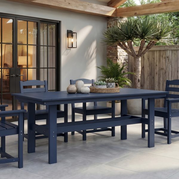 Modern Outdoor Dining Table for 6-Person Rectangle Indoor Outdoor Table with Umbrella Hole & Wood-Like Surface, Weather-Resistant Outside Dining Table for Patio Lawn Garden Backyard, 32.7" D X 70.9" W X 29.4" H