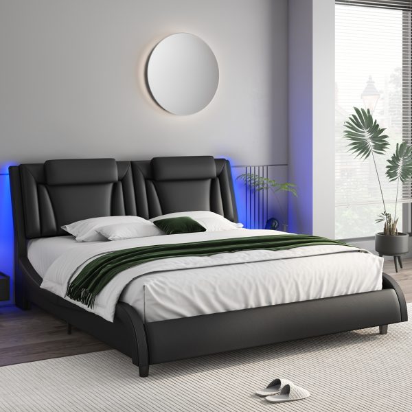 product-fancy-93a85eaa-e6b1-434f-a668-3b57fbaa7ce8 Upholstered Bed Frame Available in Full, Queen, And King Sizes Featuring an Adjustable Headboard, a Wavy Design, a Removable Backrest, And Solid Wooden Slats for Support, Eliminating The Need for a Box Spring, Offered in Faux Leather in White