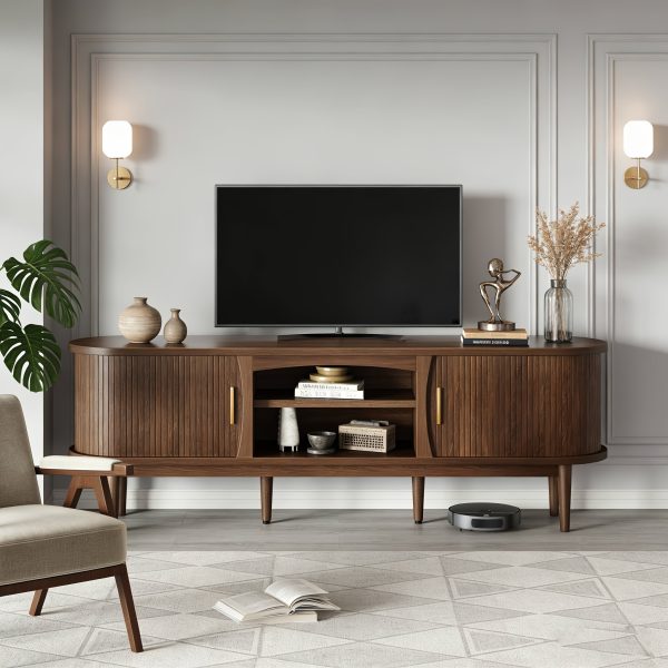 product-fancy-93ba1e20-bdad-48e3-9e8a-7f03acb71129 68 Inch Mid-Century TV Stand for TVs Up to 70 Inch, Entertainment Center with Storage, Power Outlet, Recessed Sliding Doors & Adjustable Shelves, Modern Media Console for Living Room, Housewarming Gift