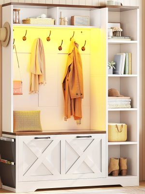 Farmhouse Entryway Organizer with Bench & Shoe Cabinet - 7 Shelves, 10 Hooks, LED Lighting, USB-Powered, White Engineered Wood Storage for Hallway, Living Room, Bedroom - Easy Assembly, No Tools Needed, Entryway Storage, Rustic Charm, Durable Construction, Home Organization, Minimalist Design, Sturdy Construction, Home Decorators