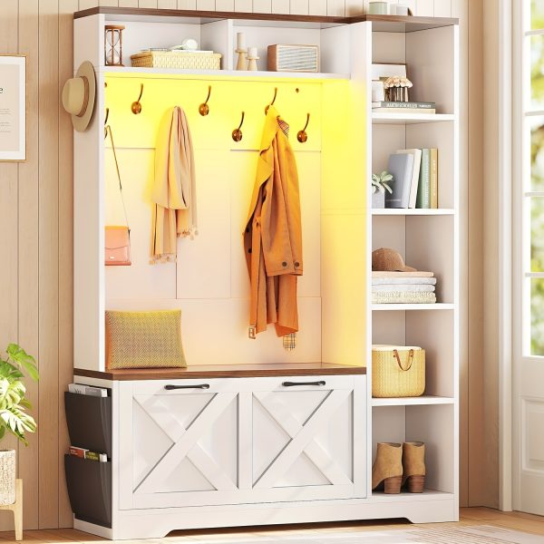 product-fancy-942f21a9-a85a-4cae-91ce-8872232a6384 Farmhouse Entryway Organizer with Bench & Shoe Cabinet - 7 Shelves, 10 Hooks, LED Lighting, USB-Powered, White Engineered Wood Storage for Hallway, Living Room, Bedroom - Easy Assembly, No Tools Needed, Entryway Storage, Rustic Charm, Durable Construction, Home Organization, Minimalist Design, Sturdy Construction, Home Decorators