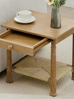 1pc 18 Inches Classical Square Side Table with Drawer 2-Tier End Table with Open Rattan Storage Shelf Solid Wood Sofa Table for Small Space, Living Room, Bedroom, Natural/ Black